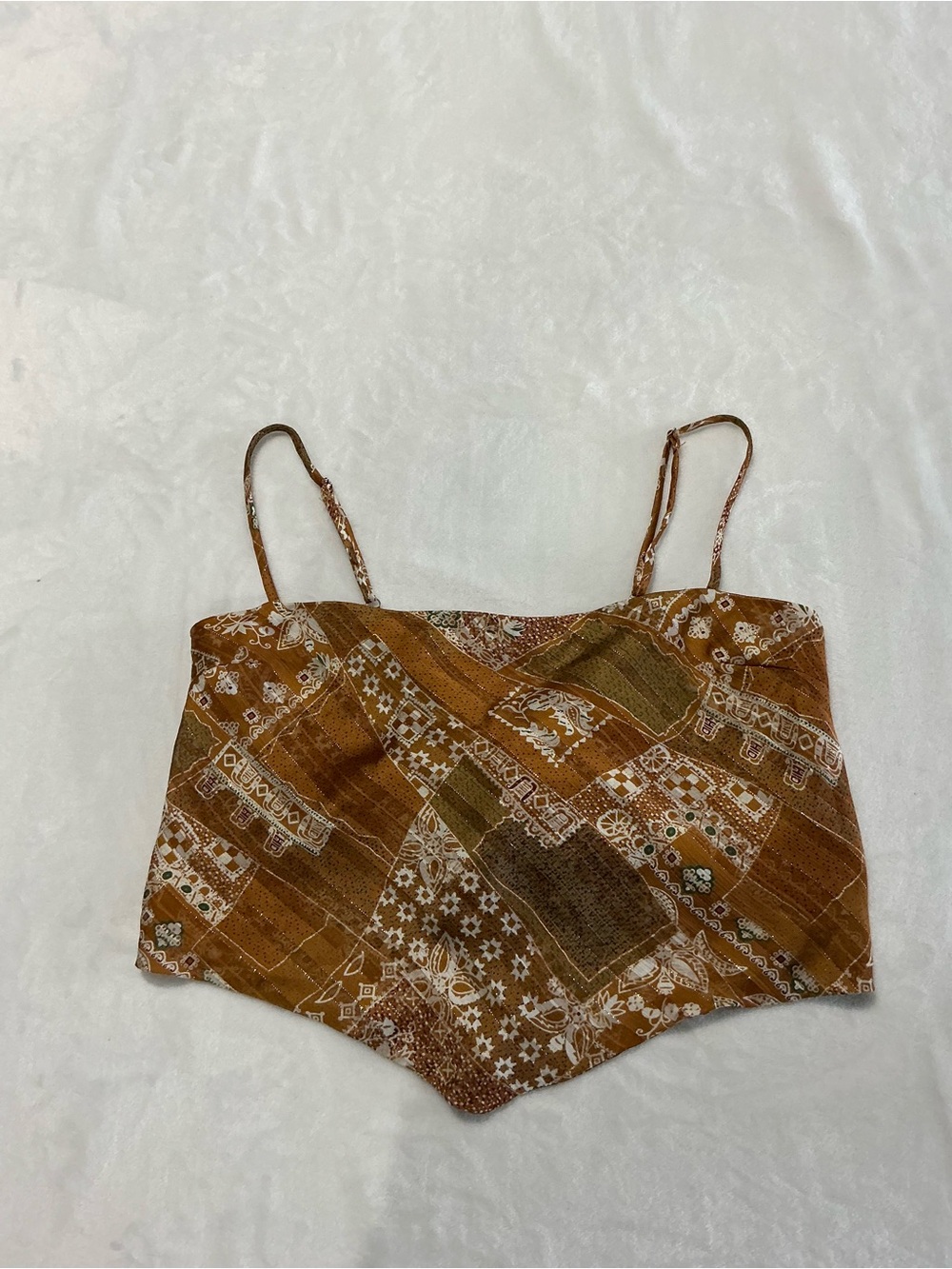 Brown Patchwork Print Cropped Top with Spaghetti Straps